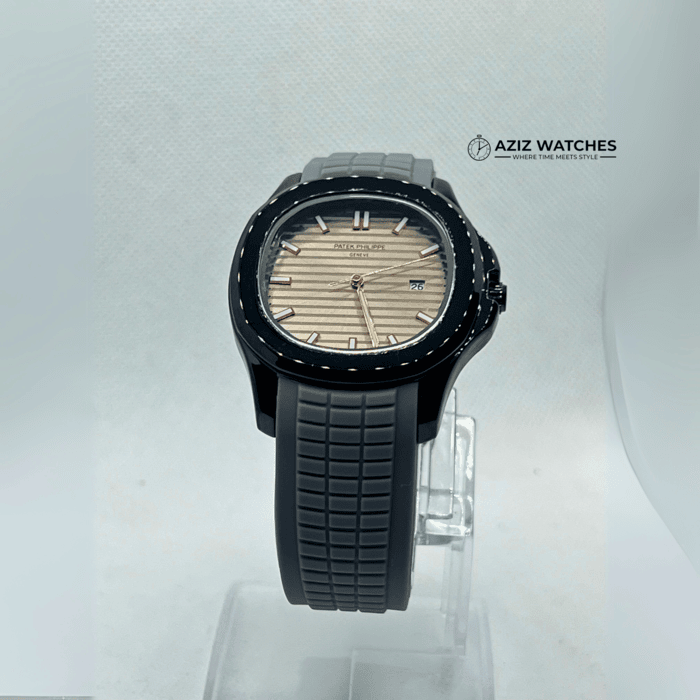 Patek Philippe with Grey Belt, Black Dial, and Date