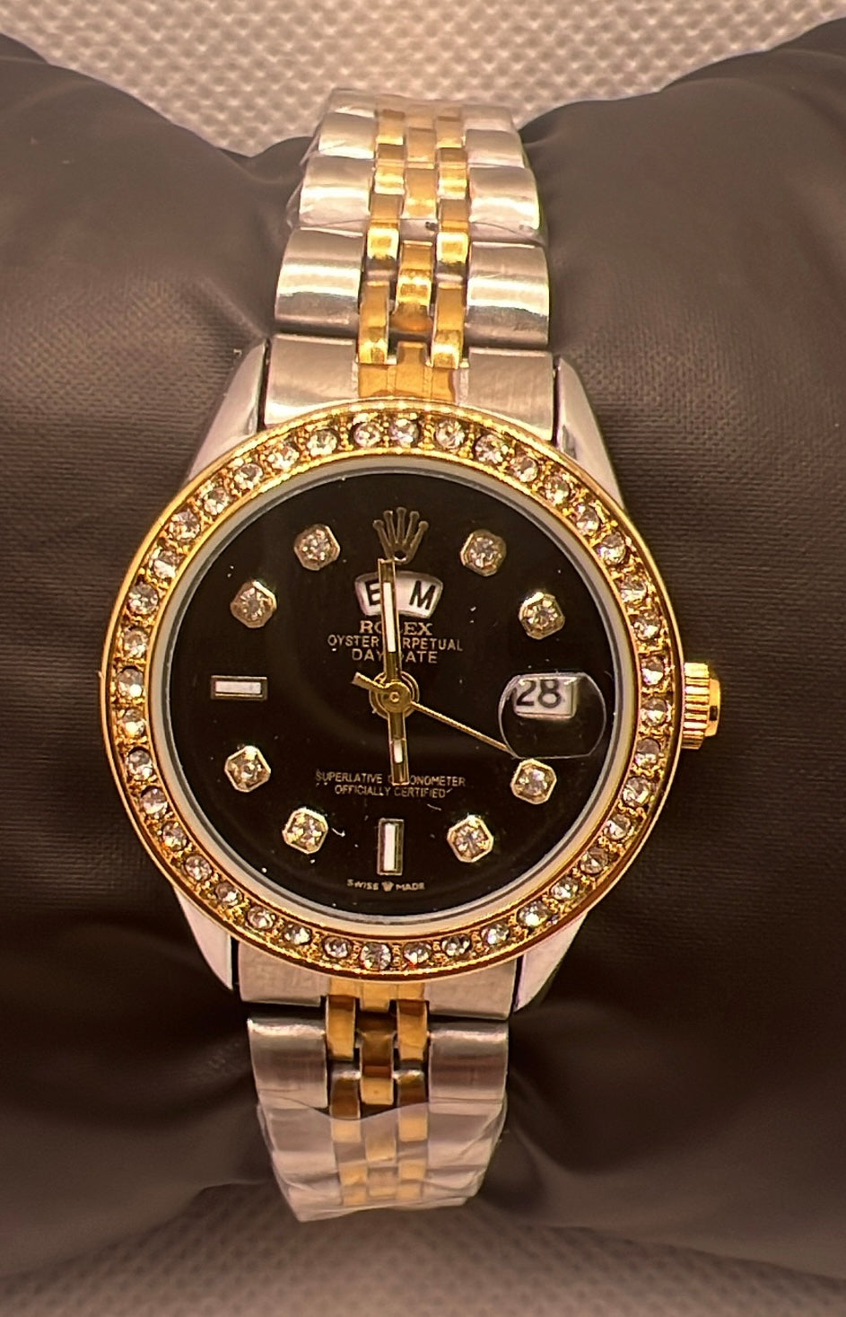 Rolex diamond Silver & black Watch with Day & Date