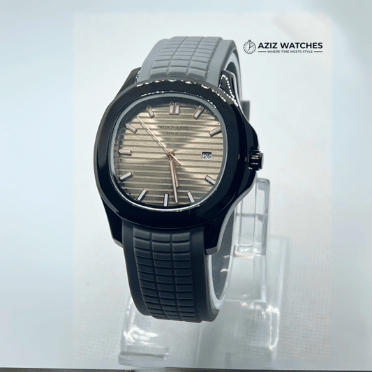 Patek Philippe with Grey Belt, Black Dial, and Date