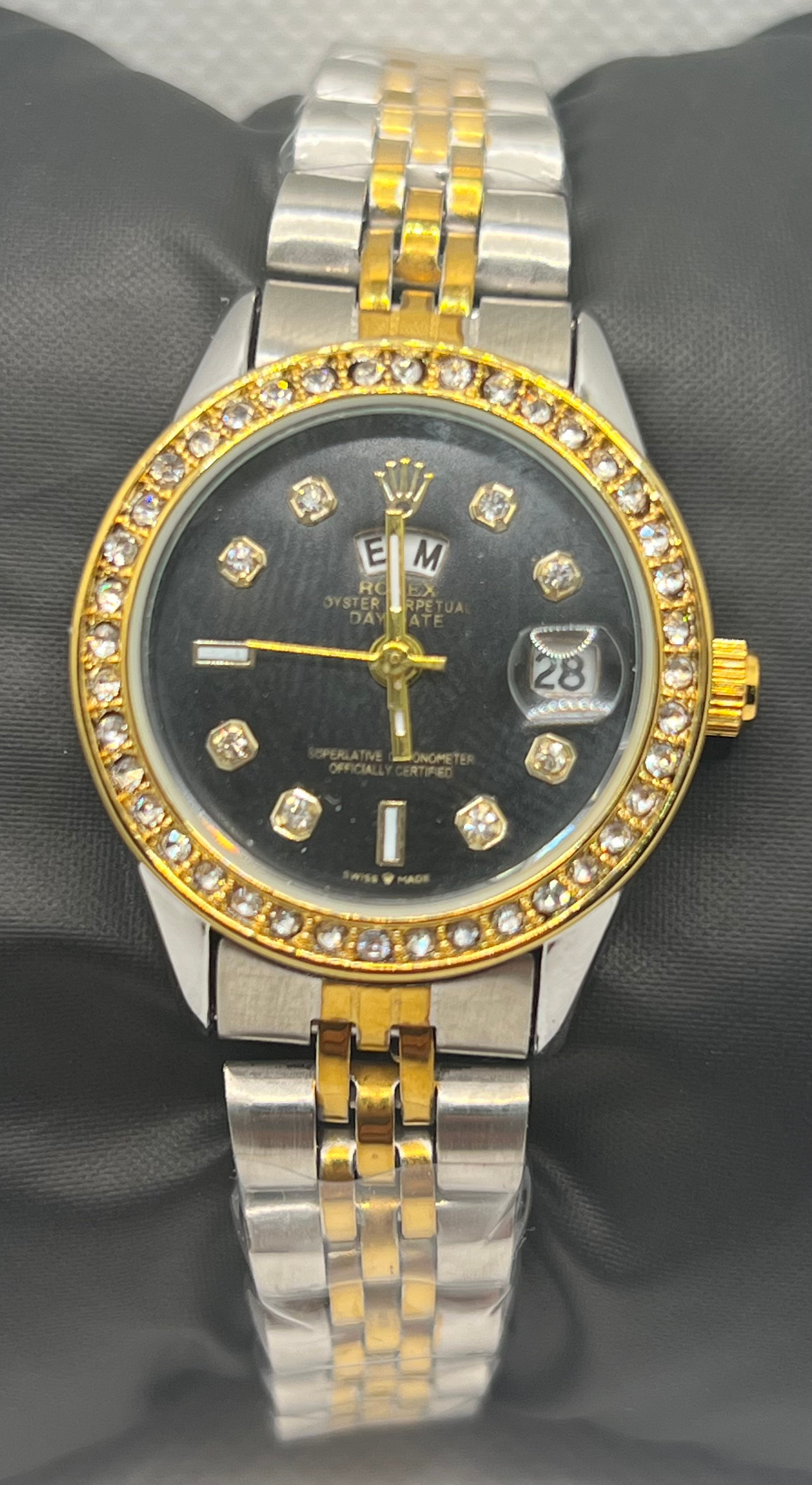 Rolex diamond Silver & black Watch with Day & Date