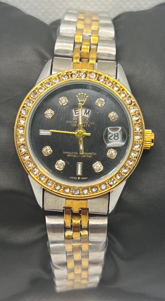 Rolex diamond Silver & black Watch with Day & Date